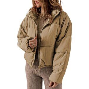 Women’s Khaki 100% Polyester Warm Zip-Up Classic Quilted Puffer Jacket